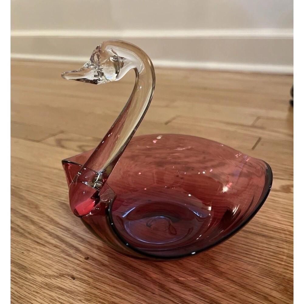 Vtg MCM Hand Blown Cranberry Art Glass Swan Bowl Decorative Candy Console Dish